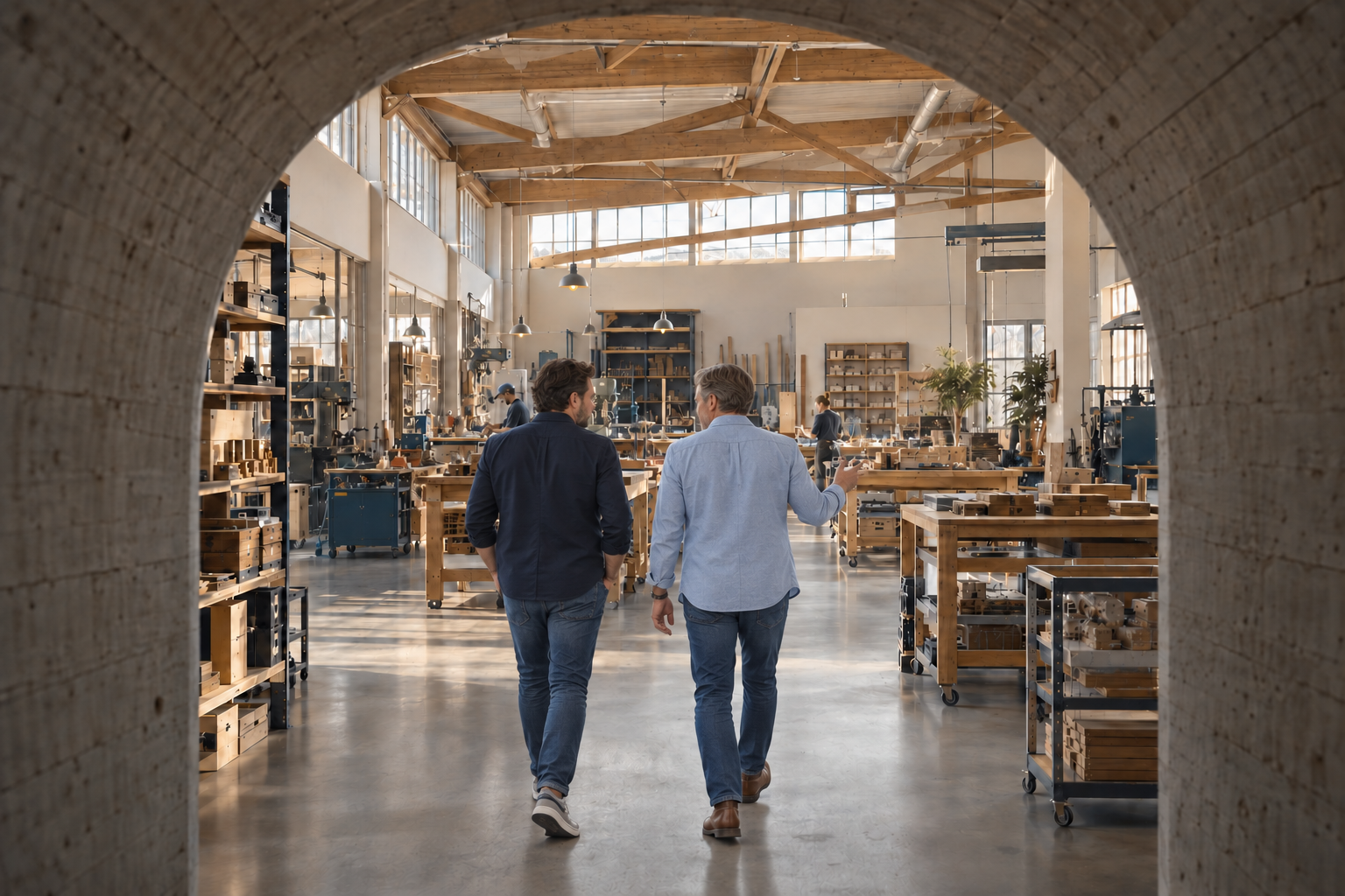 An illustrative rear view of a founder guiding Patrick through the workshop, pointing out the workstations