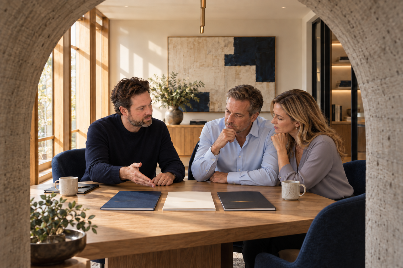 An illustrative scene of Patrick reviewing several acquisition offers with a founder and his wife, seen through a concrete arch