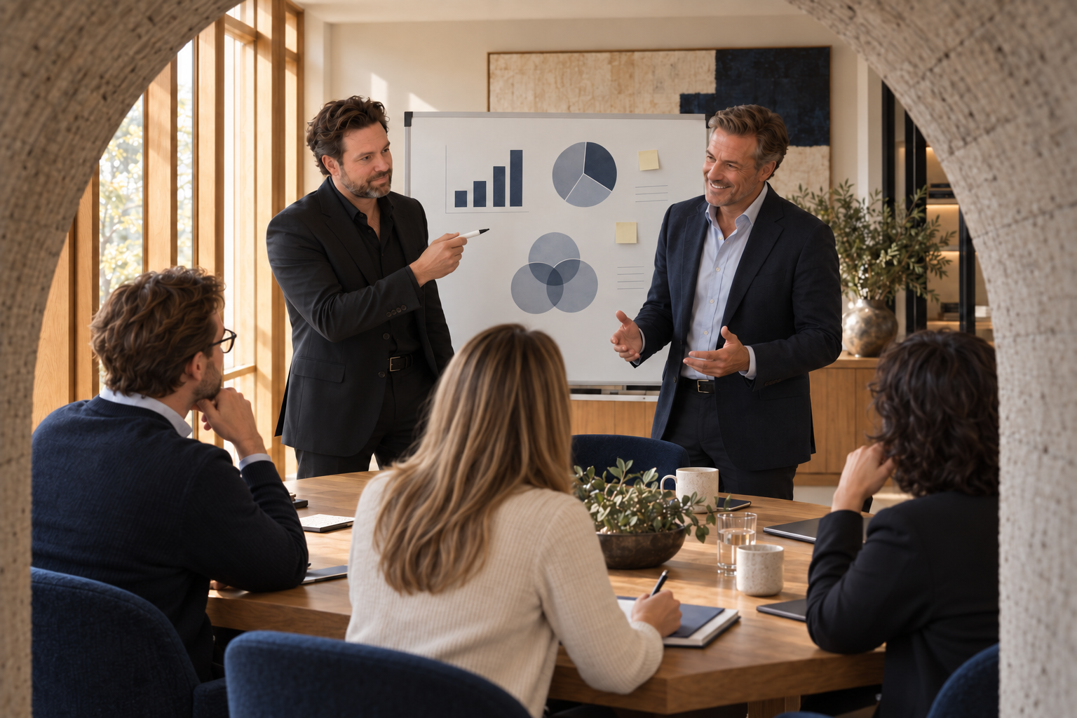 An illustrative scene of Patrick and an enthusiastic founder presenting the business positioning to the management team at a whiteboard