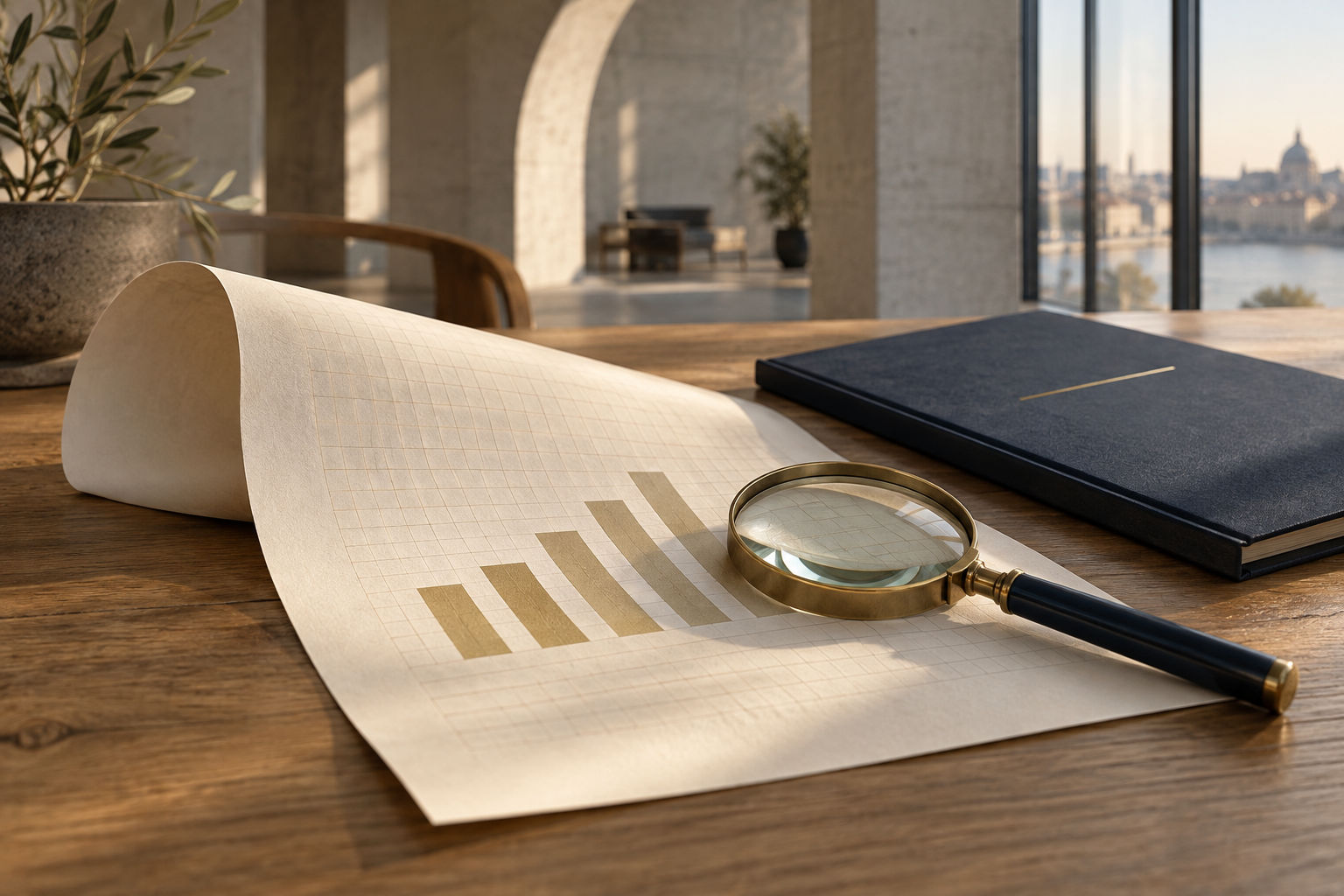 A magnifying glass over a financial ledger beside a navy report, framed by warm architectural arches