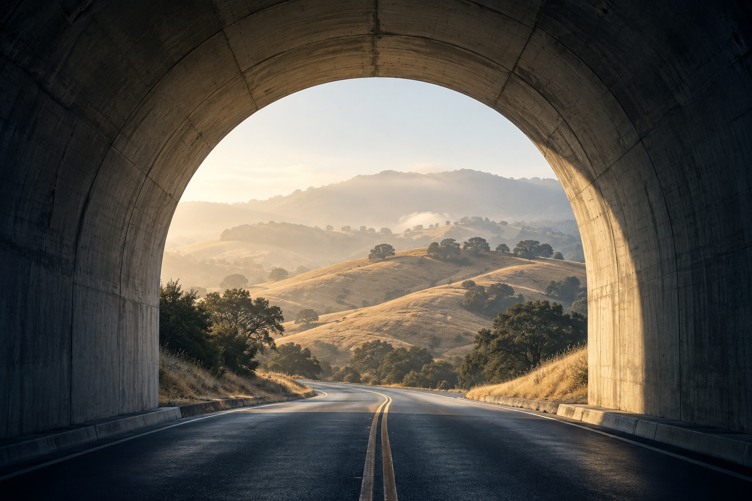 Warm light beyond a concrete tunnel, opening onto California hills